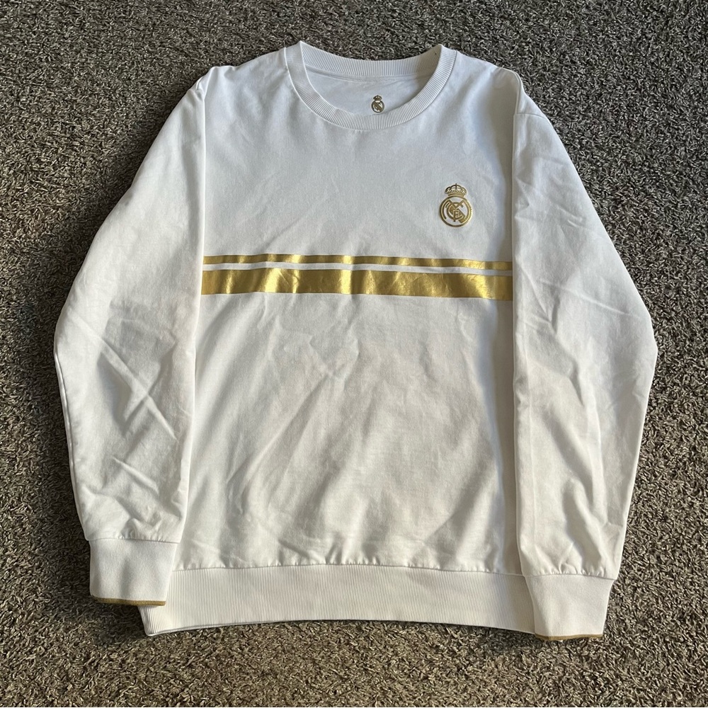 Men's White Gold Real Madrid CF Crewneck Sweatshirt Spain Soccer Extra Large